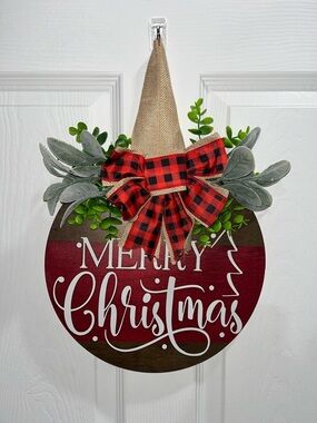 Merry Christmas Red & Brown Holiday Door Hanger with Buffalo Plaid Bow